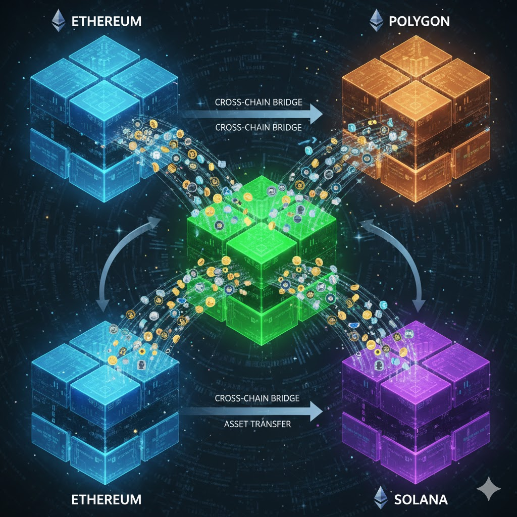 Visualization of multiple blockchains connected by bridges, showing assets flowing between them