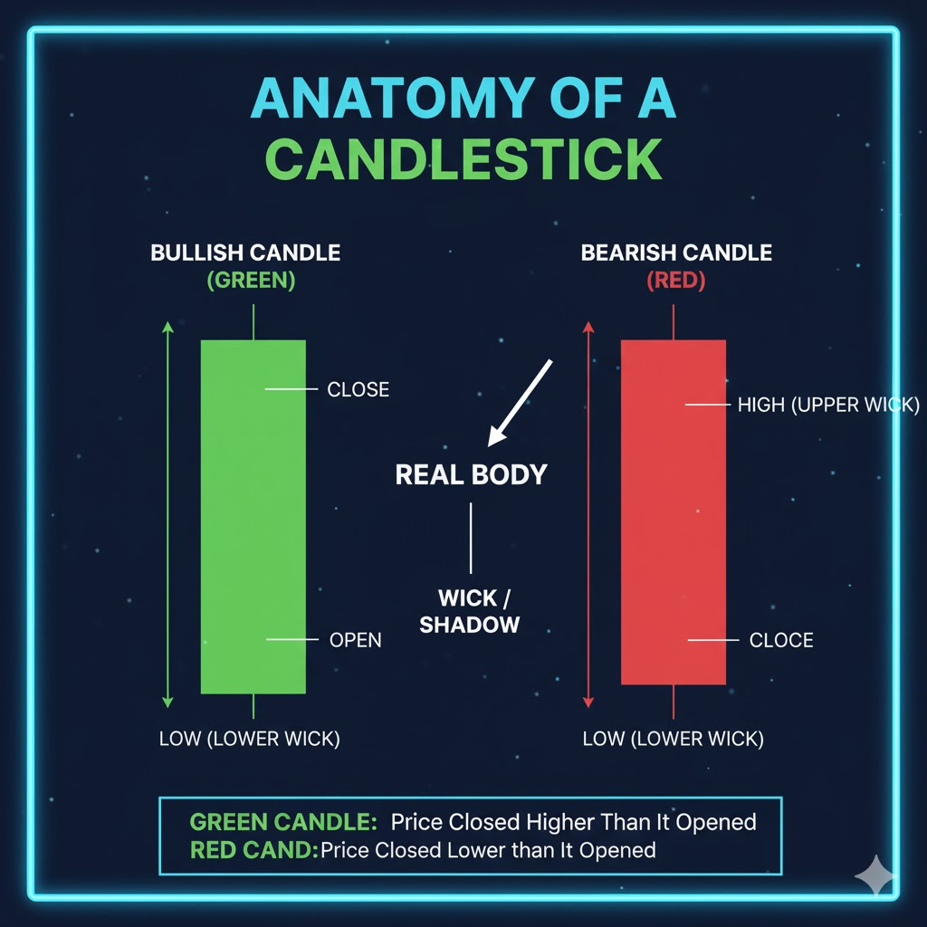 Single candlestick with labels pointing to: Open, Close, High (wick), Low (wick), Body, and color explanations for green vs red candles