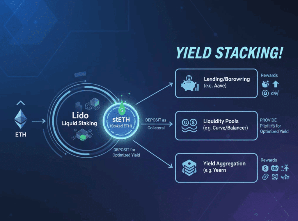 Diagram showing ETH being staked, receiving stETH in return, and then stETH being used in multiple DeFi protocols simultaneously