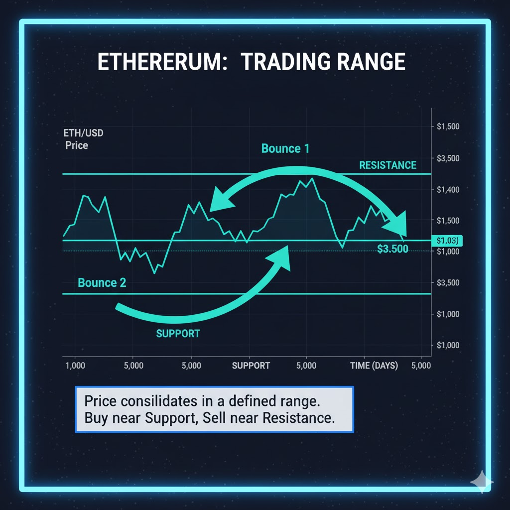 Chart showing Ethereum bouncing between support at $3,000 and resistance at $3,500 multiple times, with horizontal lines marking these levels and arrows showing bounces