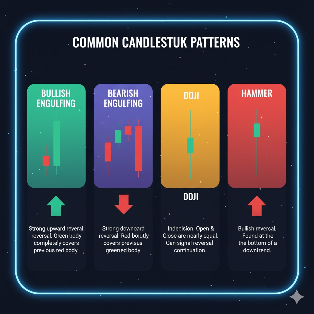 Four-panel diagram showing Bullish Engulfing, Bearish Engulfing, Doji, and Hammer patterns