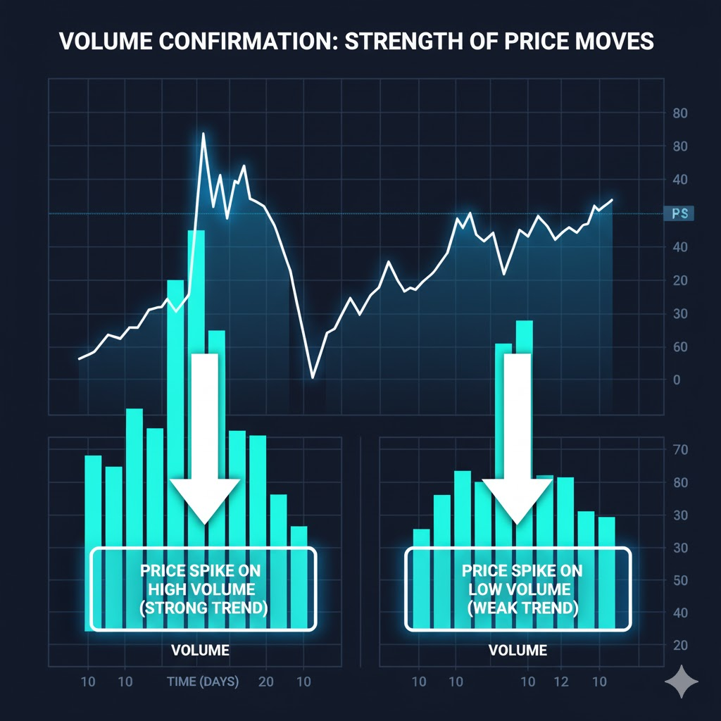 Chart showing Bitcoin price with volume bars at the bottom—highlighting a price spike with high volume (tall bars) vs a price spike with low volume (short bars)]