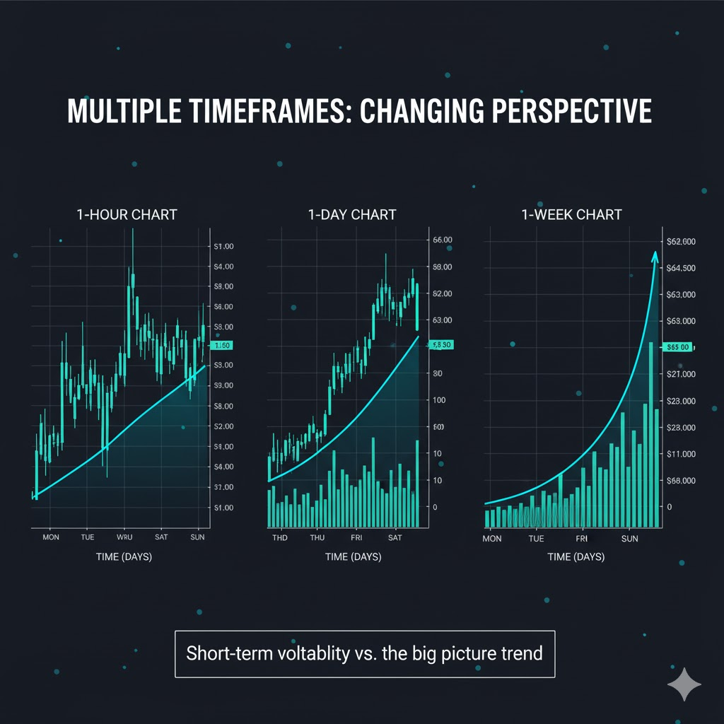 Bitcoin chart shown at three different timeframes side-by-side: 1-hour (showing short-term volatility), 1-day (showing daily trend), and 1-week (showing bigger picture)