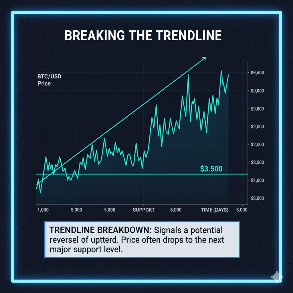 Chart showing an uptrend with a diagonal trendline connecting rising lows, and an annotation showing what happens when the price breaks below the trendline