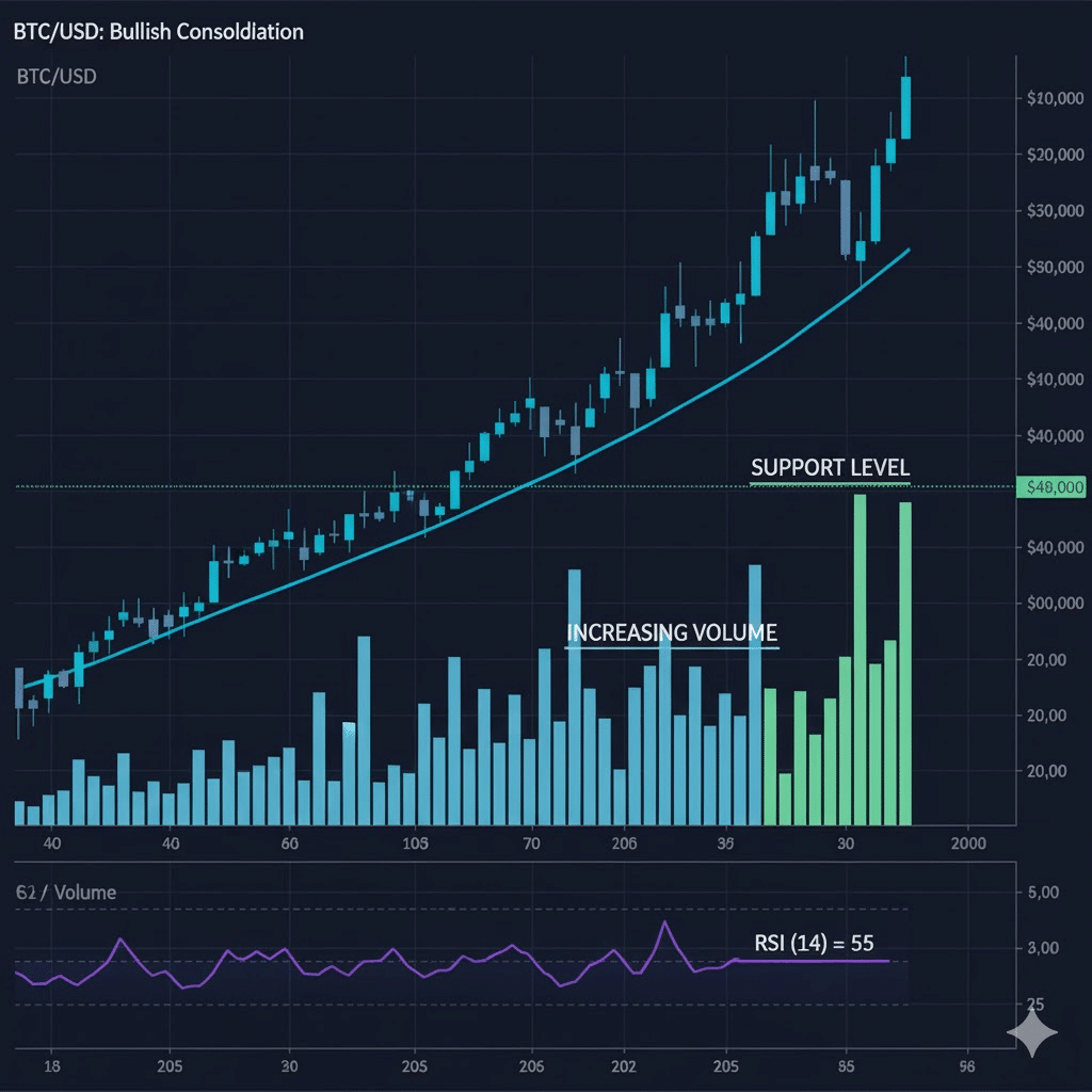 A chart showing an upward trend from $45,000 to $50,000, with support level marked at $48,000, volume bars increasing, and RSI indicator shown at 55
