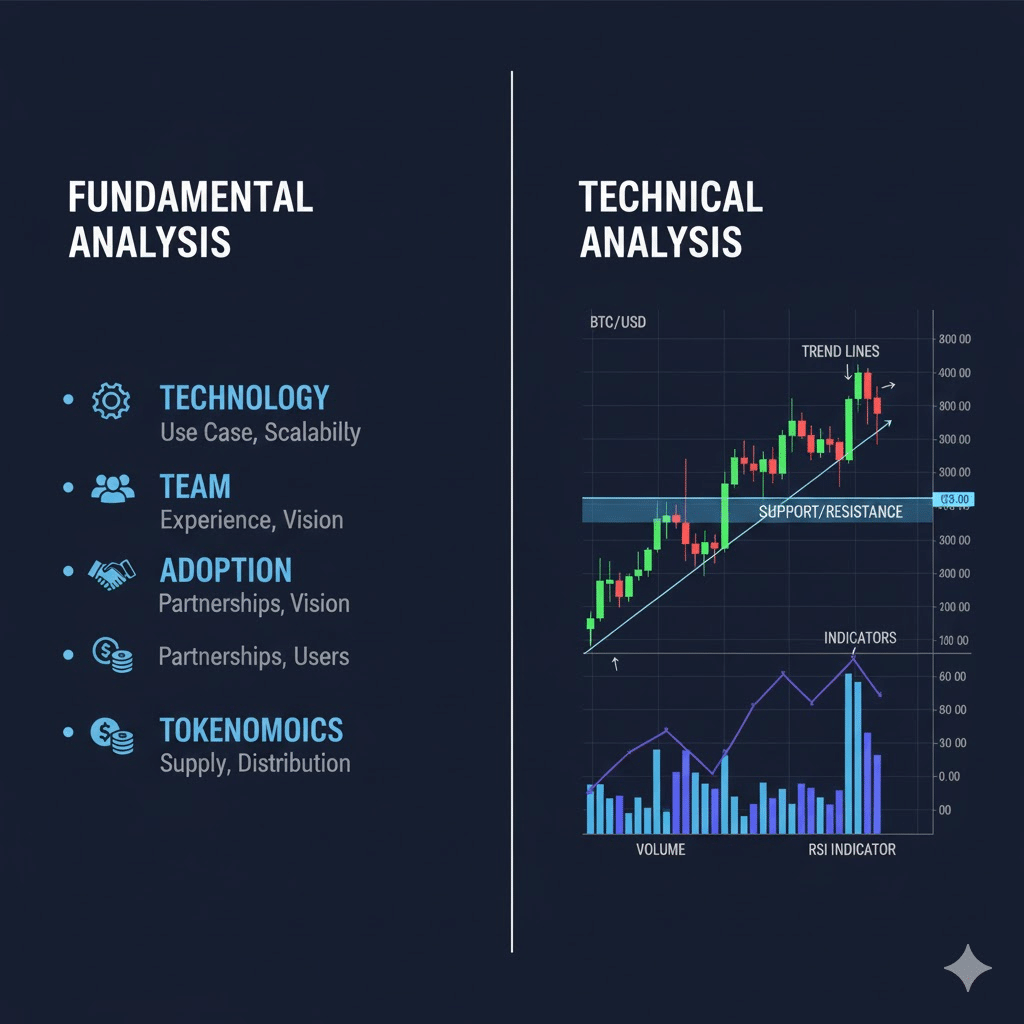 Comparison chart showing Fundamental Analysis on the left (bullet points: Technology, Team, Adoption, Tokenomics) and Technical Analysis on the right (price chart with indicators, support/resistance levels, volume)