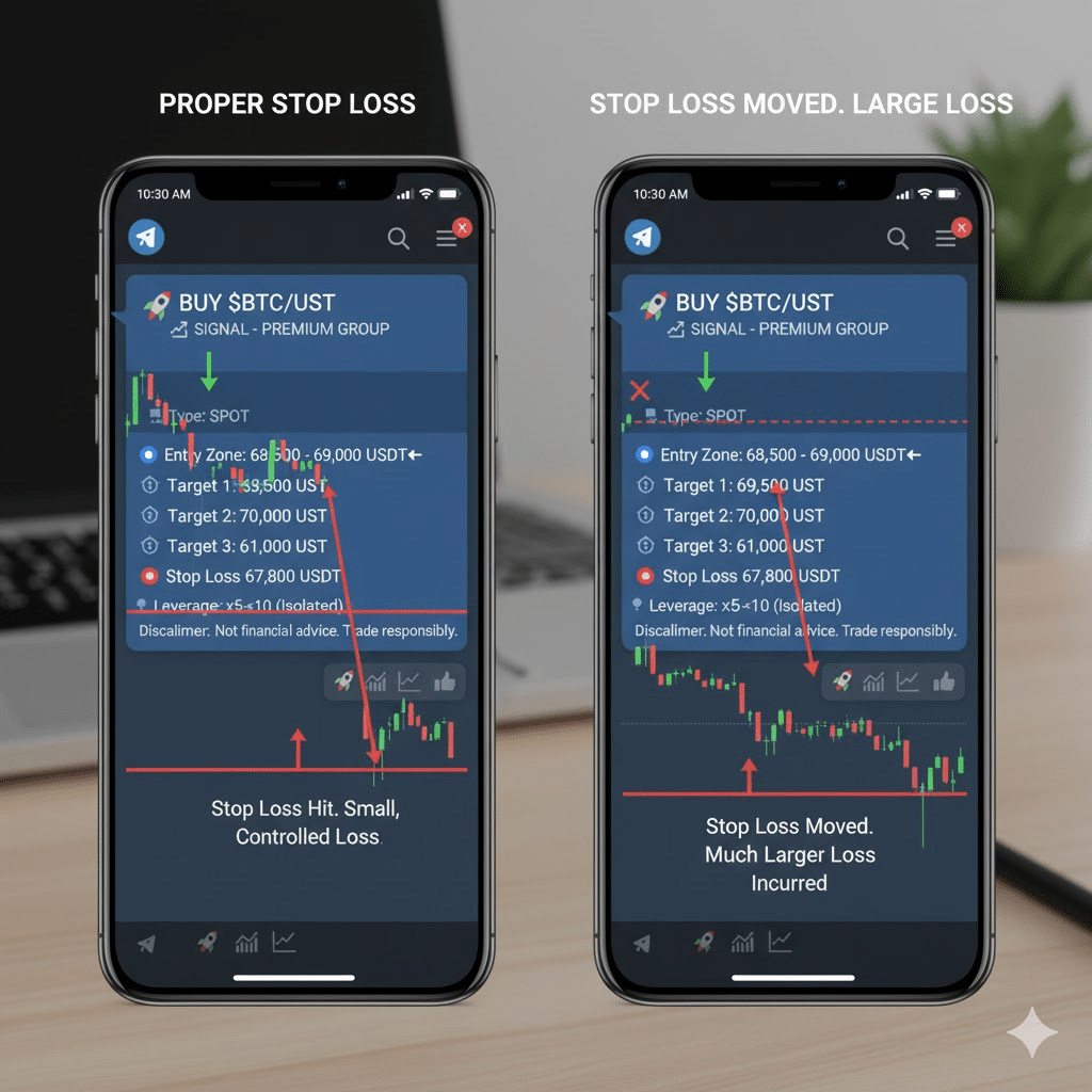 A chart showing a trade with proper stop loss placement versus a trade where stop loss was moved, resulting in larger loss