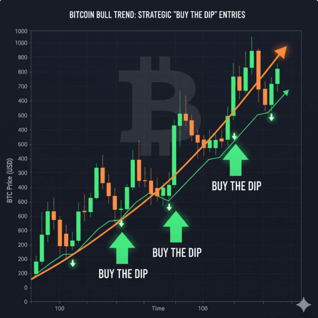 Chart showing Bitcoin price with arrows pointing to successful "buy the dip" entries during a bull trend