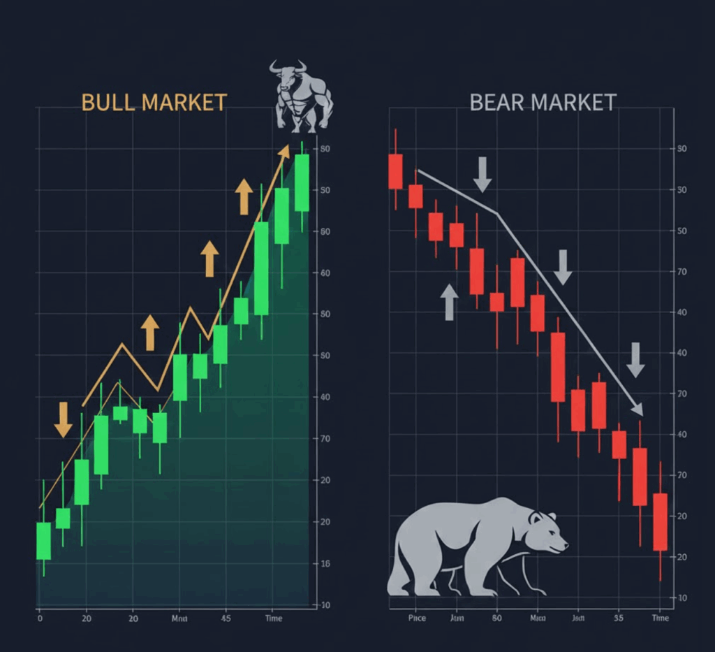 Side-by-side chart comparison showing a bull market uptrend with green candles vs bear market downtrend with red candles