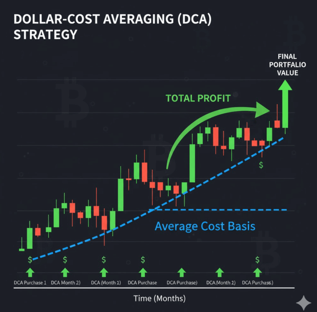 Chart showing typical new listing price action - initial spike, dump, recovery pattern with entry points marked