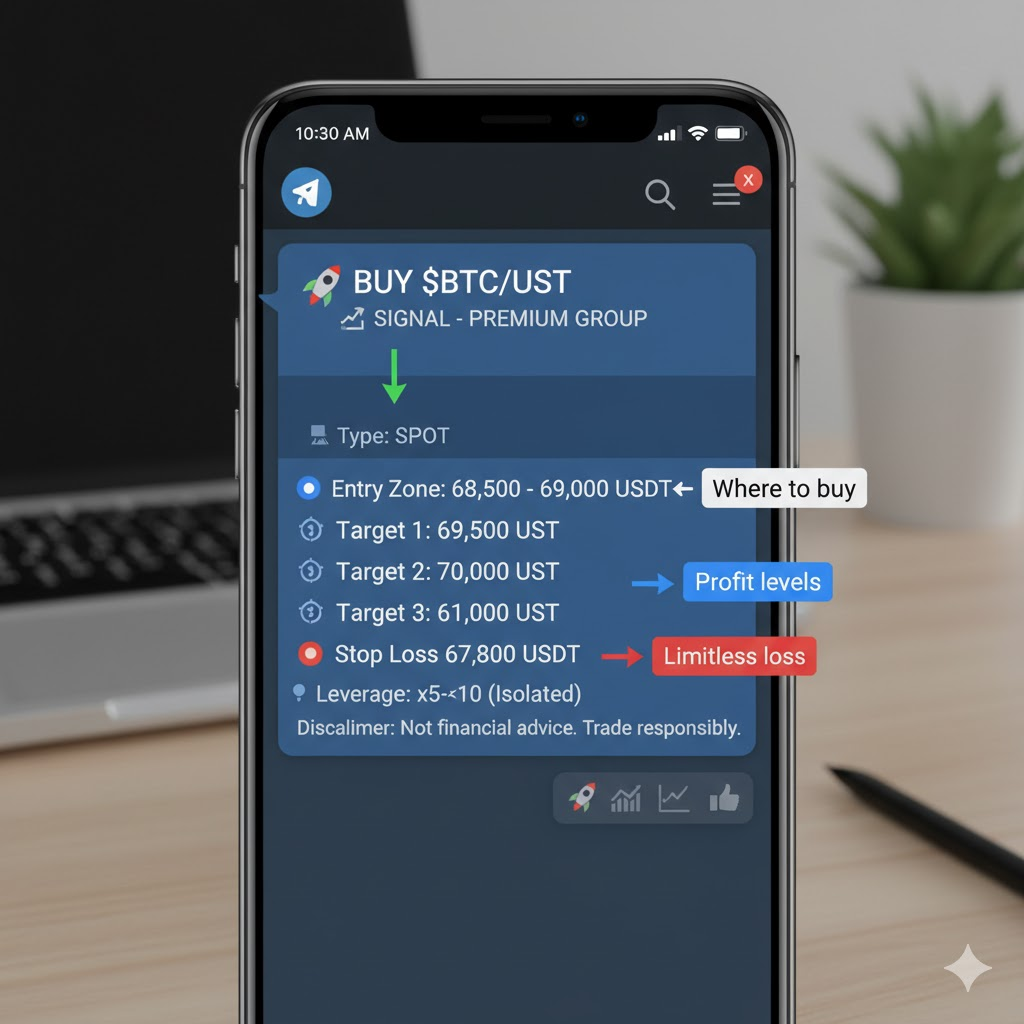  Telegram signal showing entry, target, and stop loss with annotations explaining each part