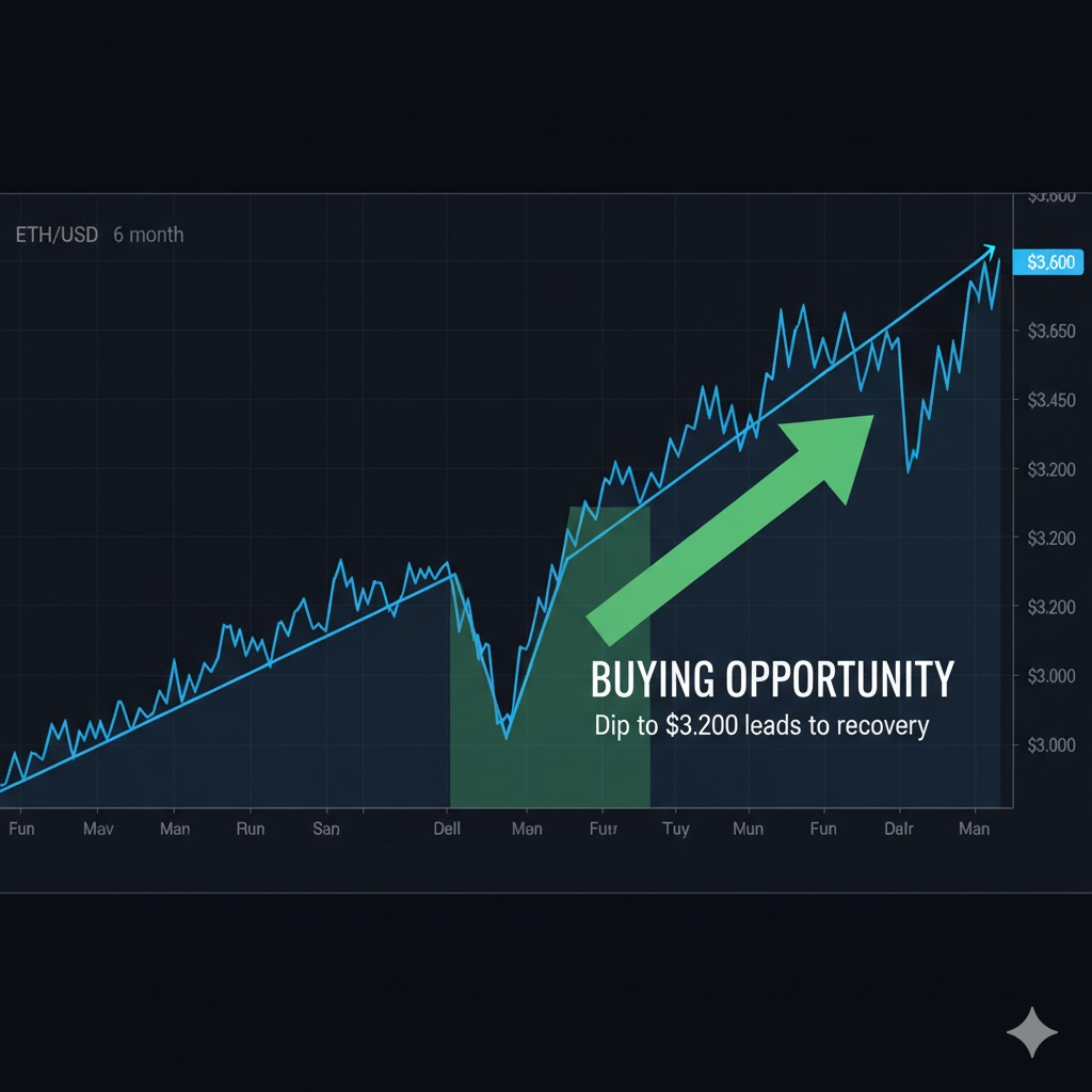 Chart showing upward trend from $3,000 to $3,500, with a highlighted dip to $3,200 and subsequent recovery
