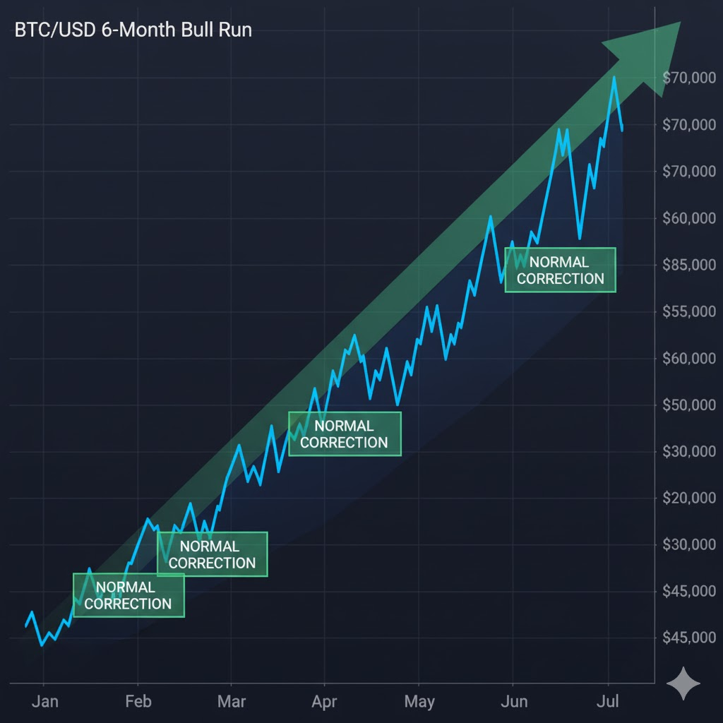 Chart showing Bitcoin's price rising from $45,000 to $70,000 over six months during a bull market