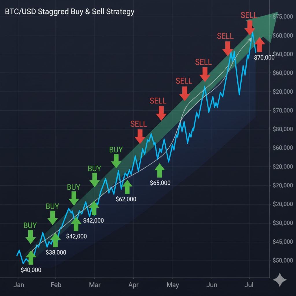 Diagram showing Bitcoin price climbing from $40,000 to $75,000, with buy points marked on the way up at $40K, $38K, $42K, $45K, and sell points marked at $60K, $65K, $70K, $75K]