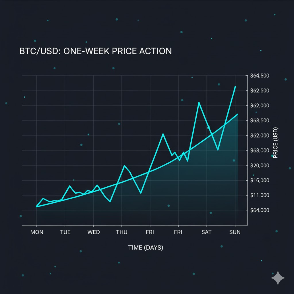 Basic trading chart showing Bitcoin price over one week with price on Y-axis and time on X-axis, clearly labeled