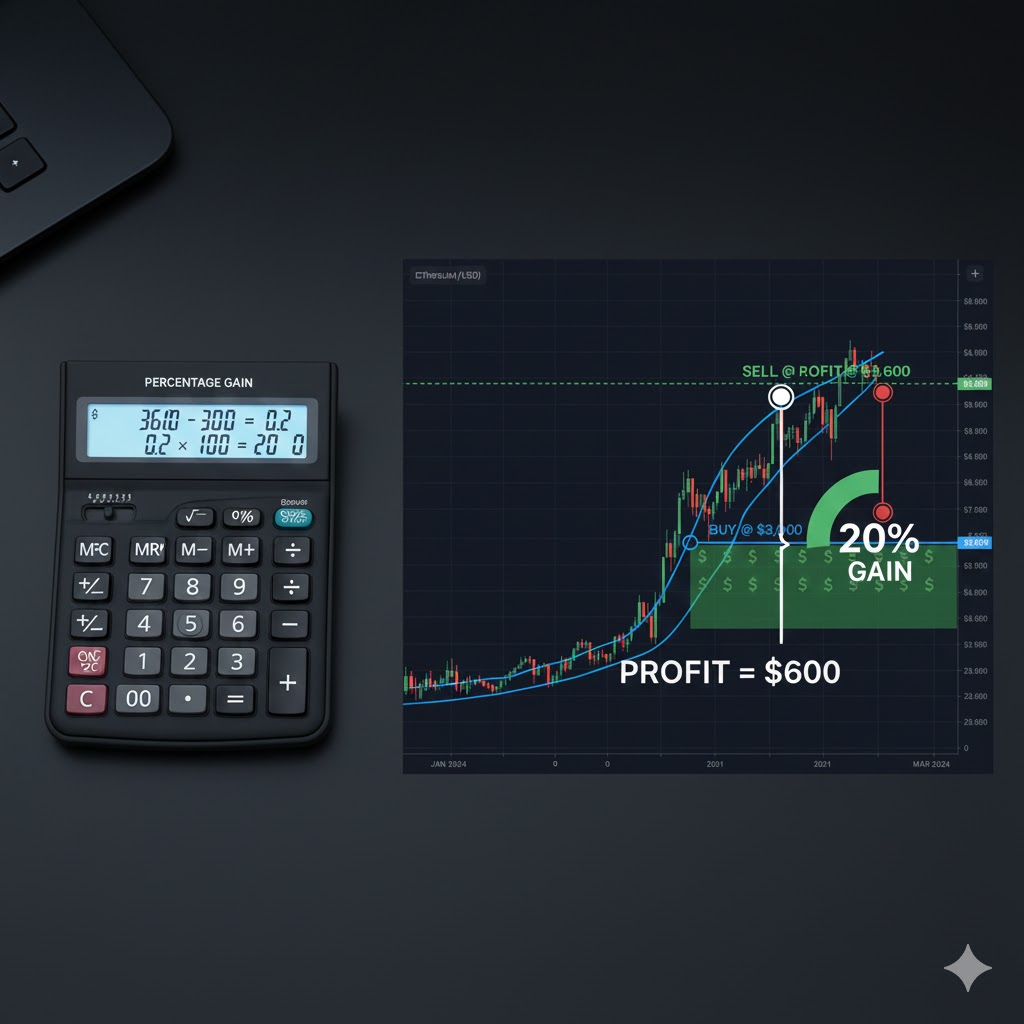 A Calculator showing the percentage method calculation with visual representation on a price chart
