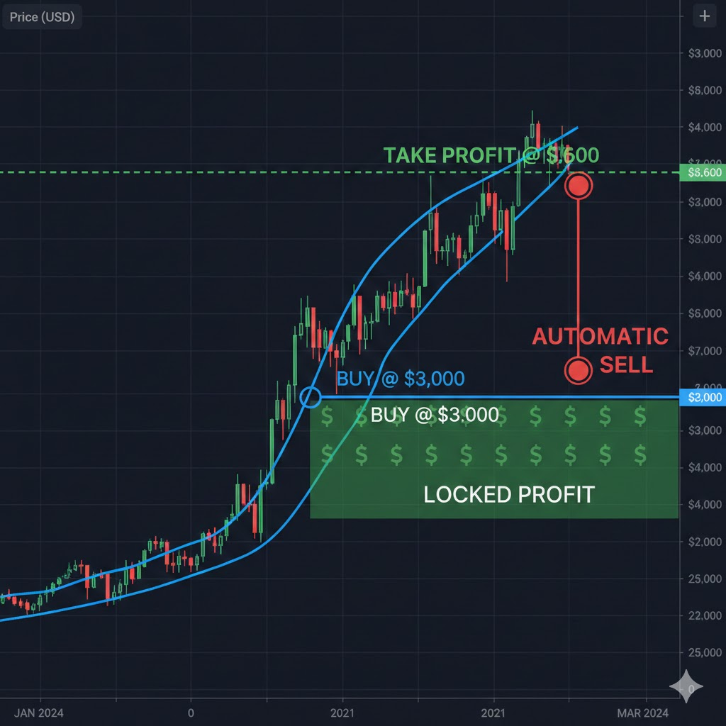 Chart showing Ethereum bought at $3,000 with a take profit line at $3,600, showing automatic sell and locked profit