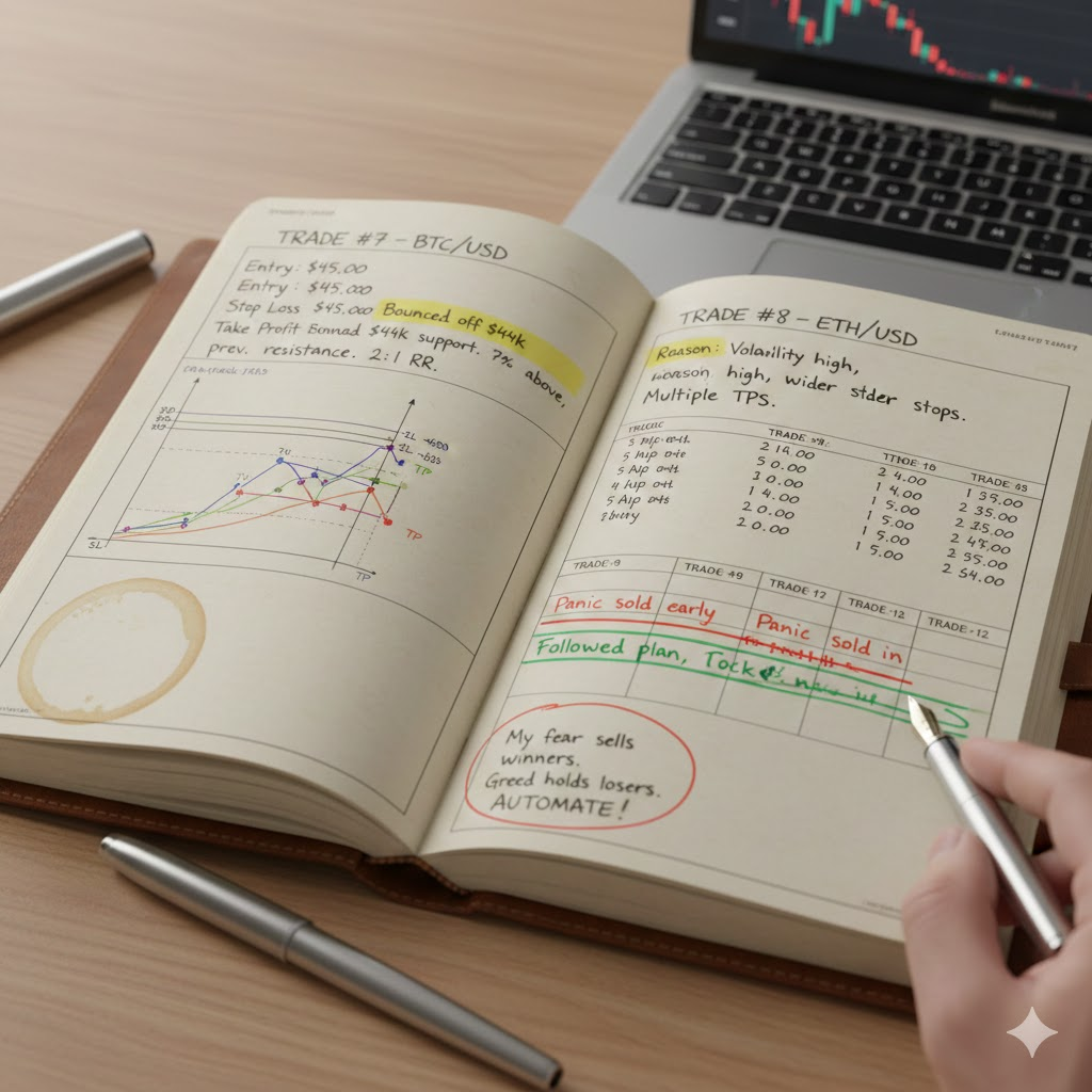 Example journal entry showing a trade with reasoning notes highlighted and a pattern emerging over multiple trades