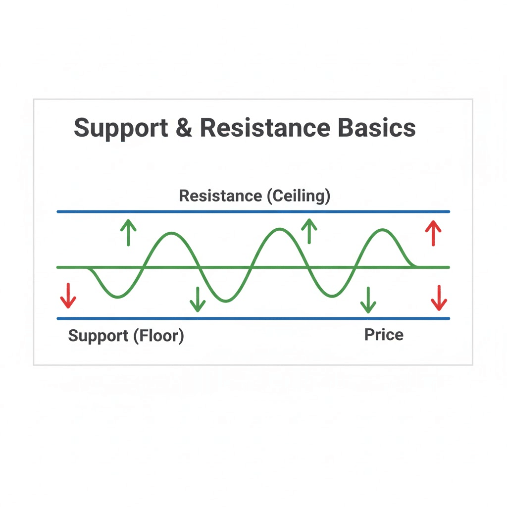 A diagram showing support as the floor and resistance as the ceiling, with the price bouncing between them