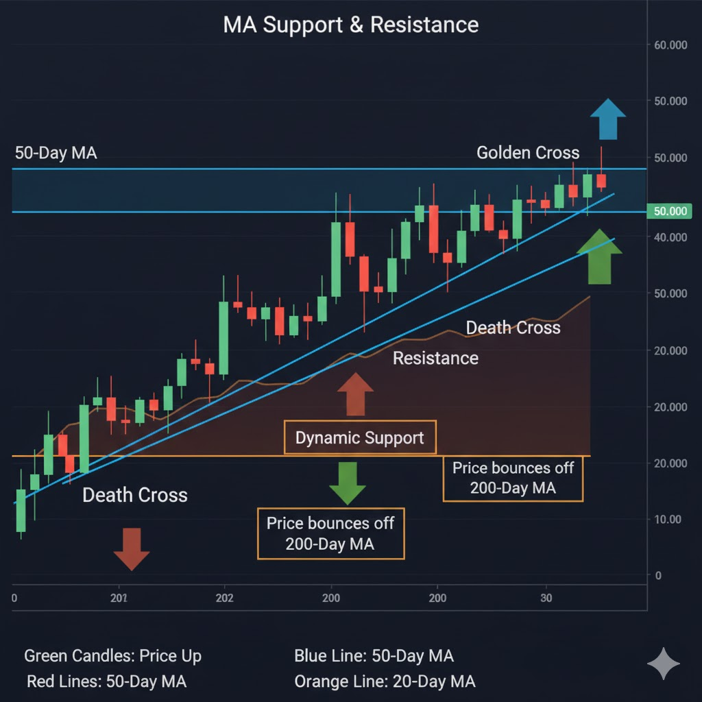 Chart showing 50-day and 200-day moving averages with price interactions