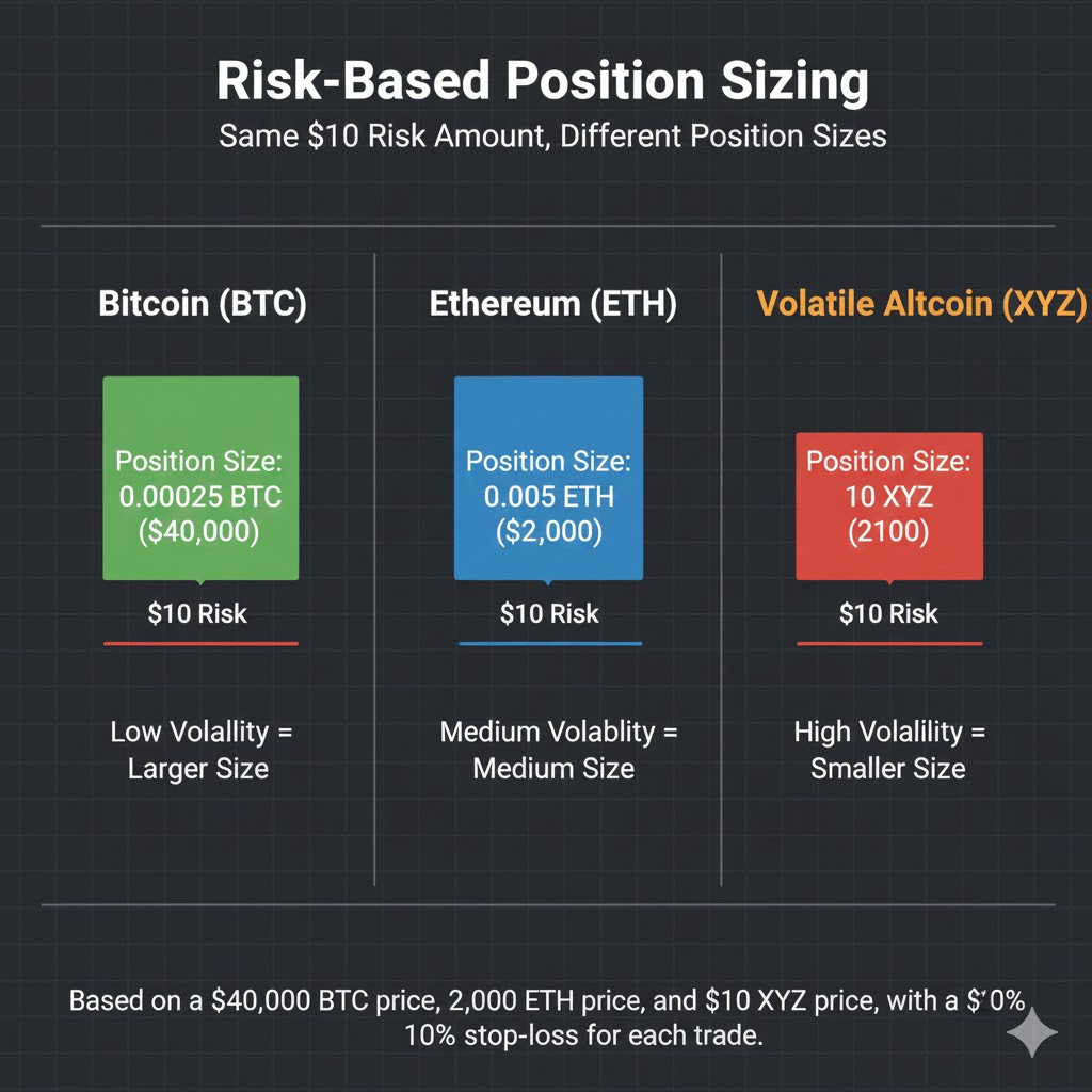 Visual comparison showing different position sizes for BTC, ETH, and a volatile altcoin