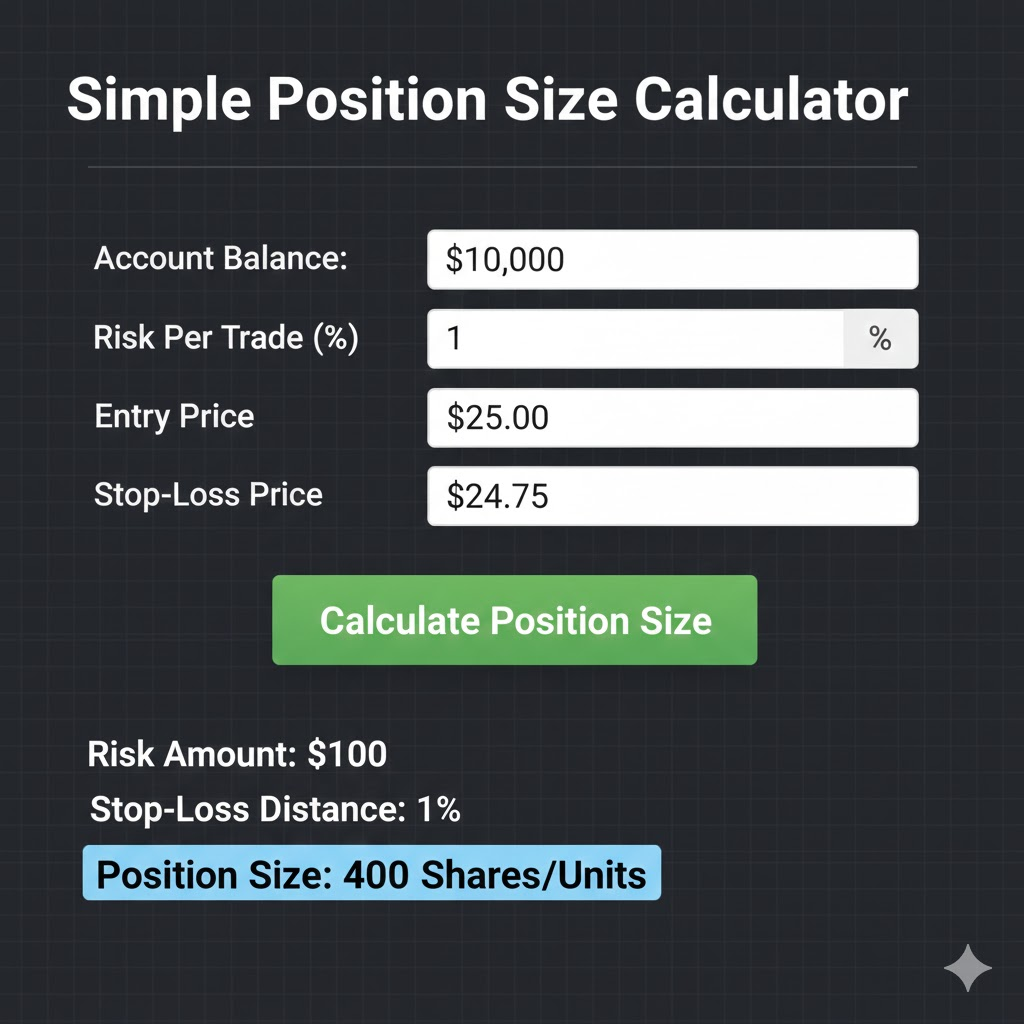 A simple position sizing calculator showing the inputs and calculated position size