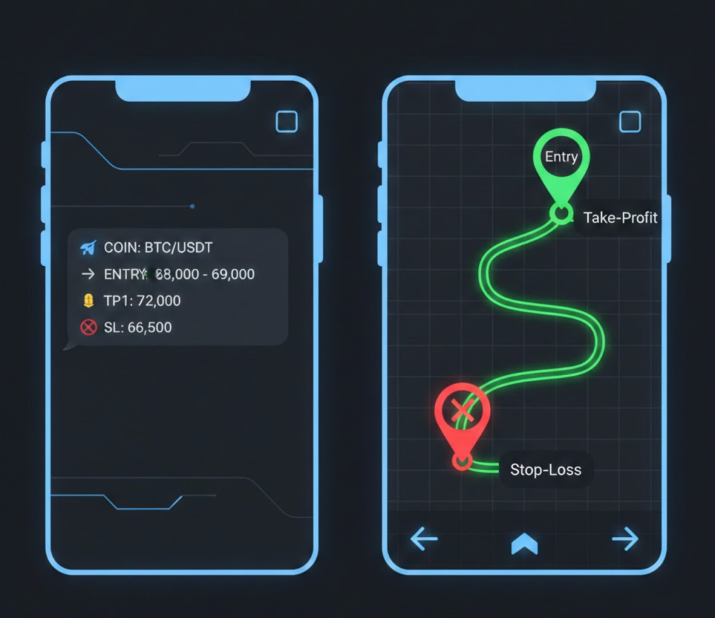 Comparing a crypto trading signal (COIN, ENTRY, TP1, SL) displayed in a Telegram chat to a simplified Google Maps route.