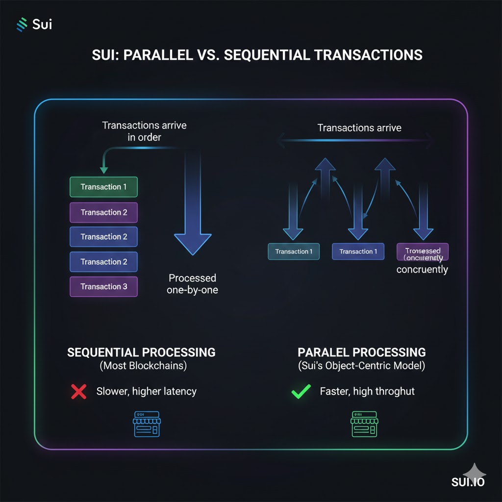 Diagram comparing sequential vs Sui's parallel transaction processing