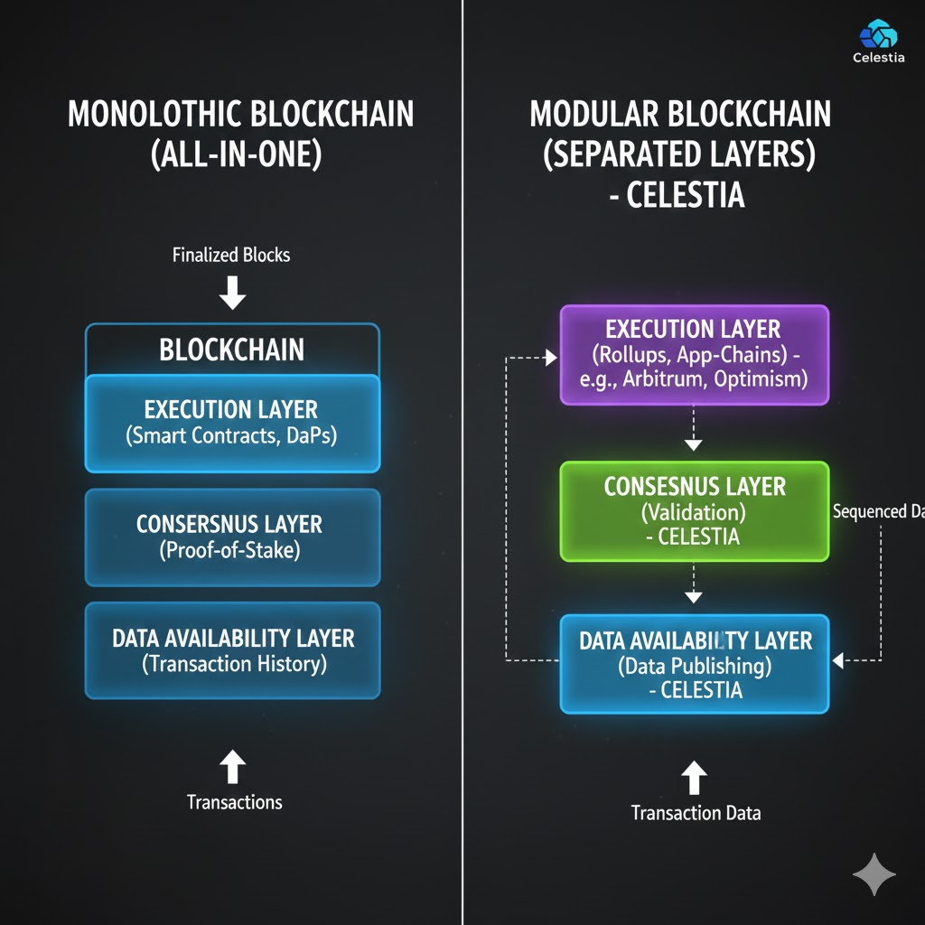 Monolithic blockchain (all-in-one) vs modular blockchain (separated layers)