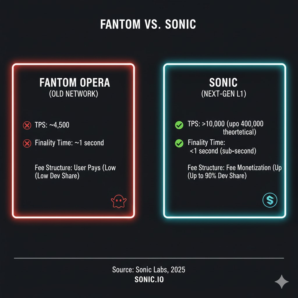 Before/after comparison showing Fantom Opera specs vs Sonic specs for TPS, finality time, and fee structure