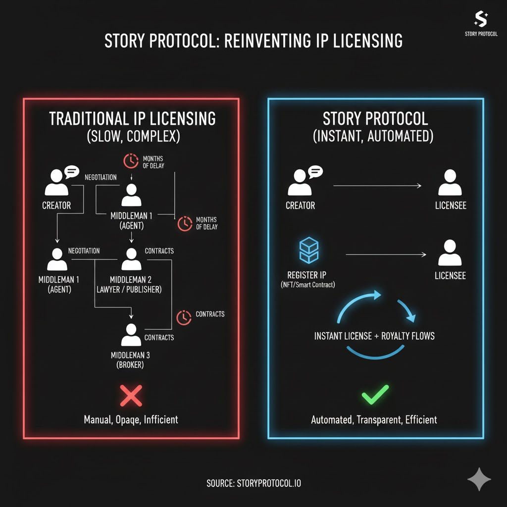 Showing traditional IP licensing process (many middlemen, months of time) vs Story Protocol (direct, instant, automated)