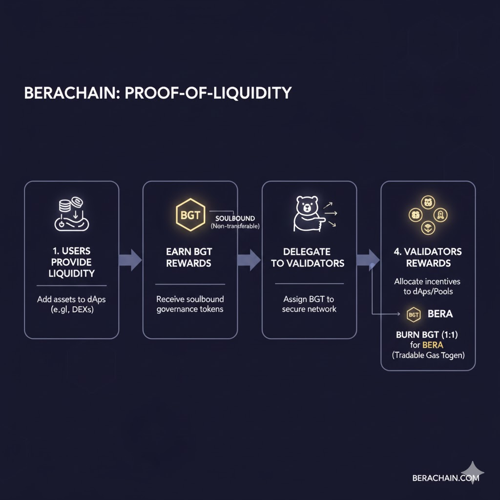 Flowchart showing how Proof-of-Liquidity works: Users provide liquidity → Earn BGT → Delegate to validators → Validators direct rewards to dApps